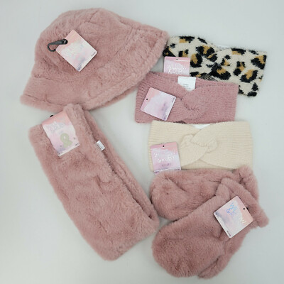 New Bundle Gift Lot Womens Pink Plush Hat Scarf Mittens & 3 Headwrap Ear Warmers
