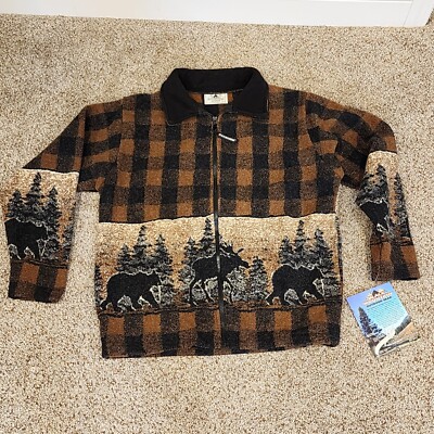 Black Mountain Outdoor Zip Up Heavy Fleece Jacket Men's M Moose Elk Brown Plaid