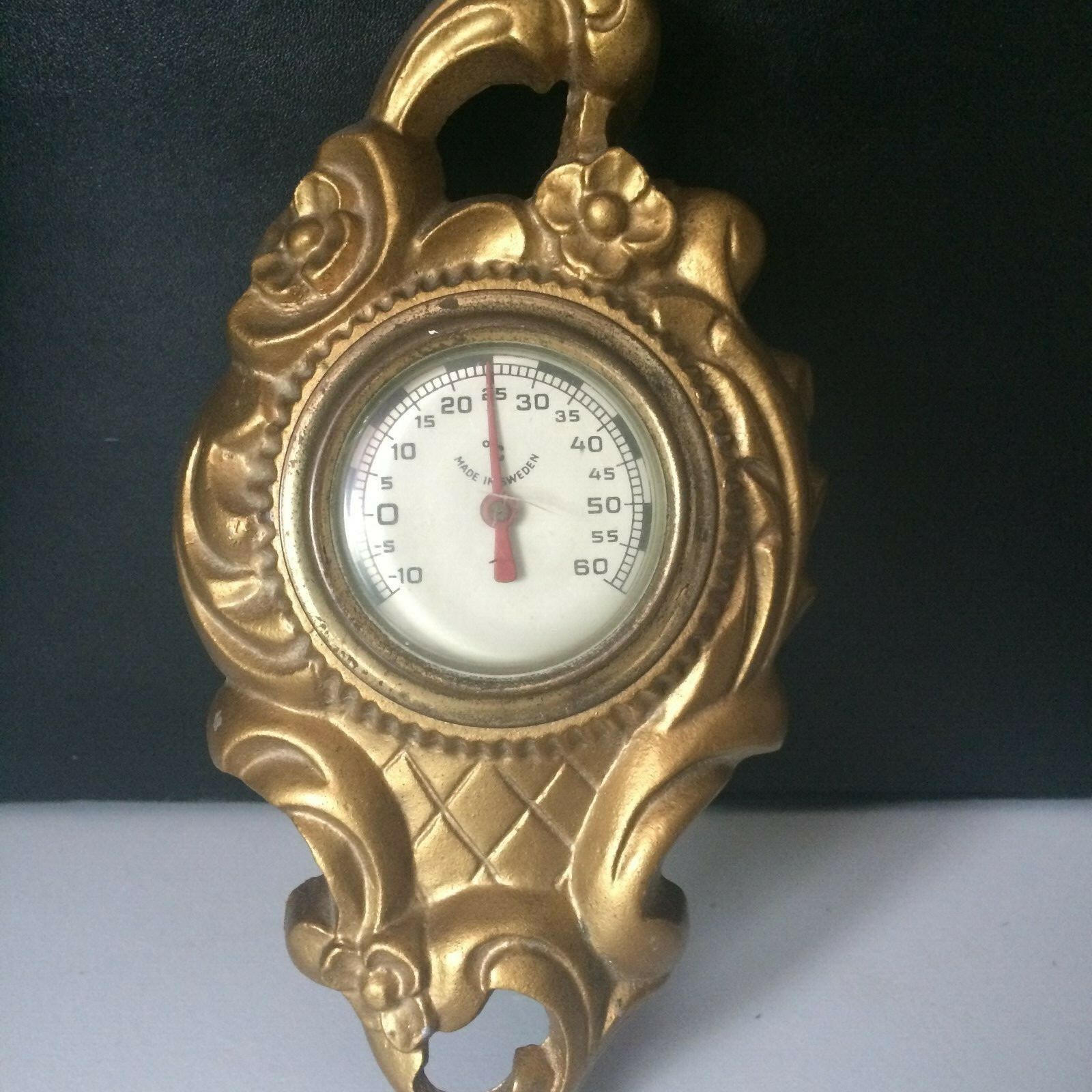 Vintage 50s-60s Swedish Ornate Rokoko Gold Metal Celsius Thermometer Wall Hangin