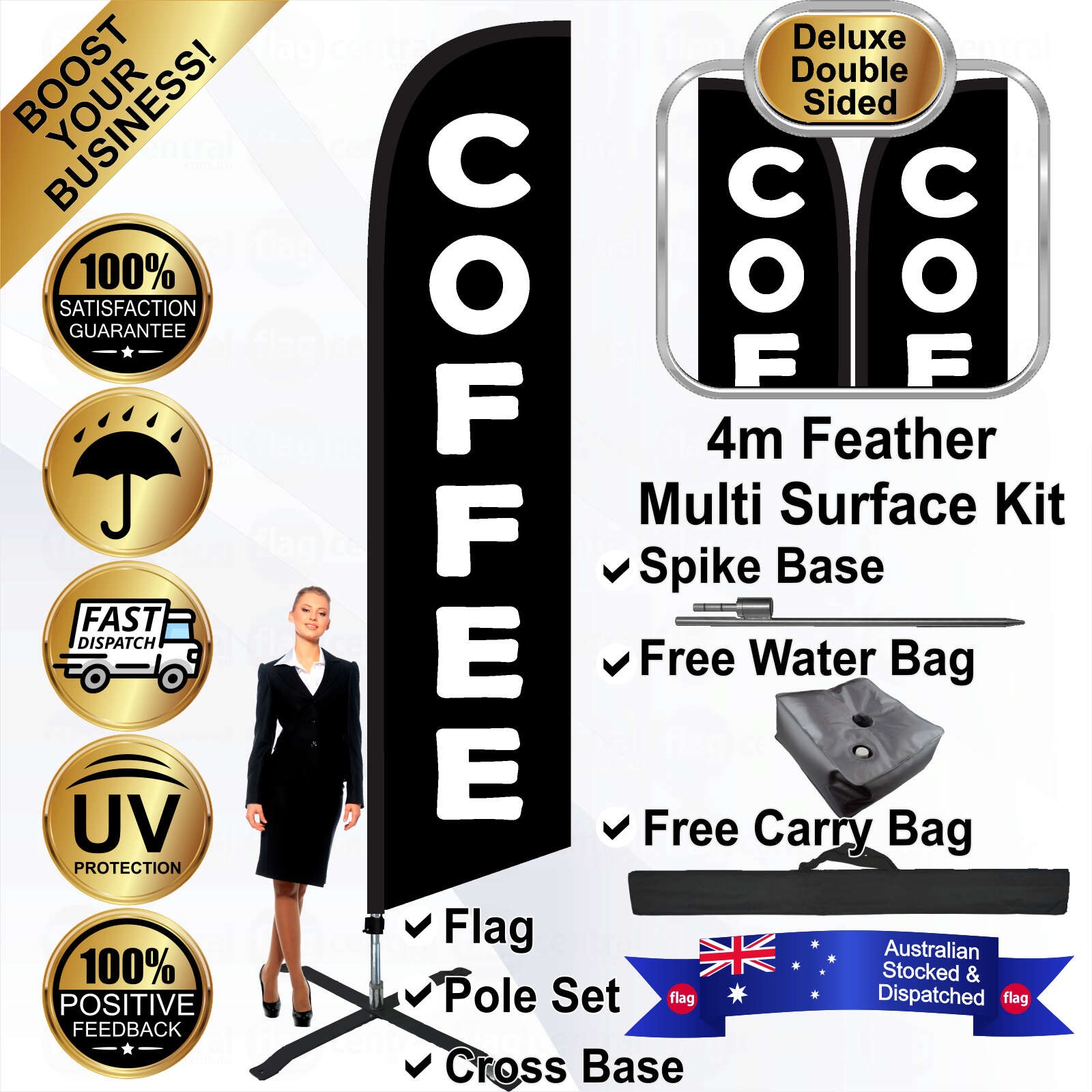 COFFEE Deluxe Double-Sided Black 4m Feather Flag / Banner Kit with Pole Set, Galvanised Steel Ground Spike, Steel Outdoor Cross Base, Free 15kg Water Bag and a Free Carry Bag
