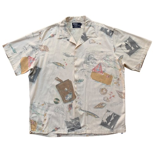 Vintage Polo Ralph Lauren Camp Fishing Postcard Shirt XL Made In USA Biege