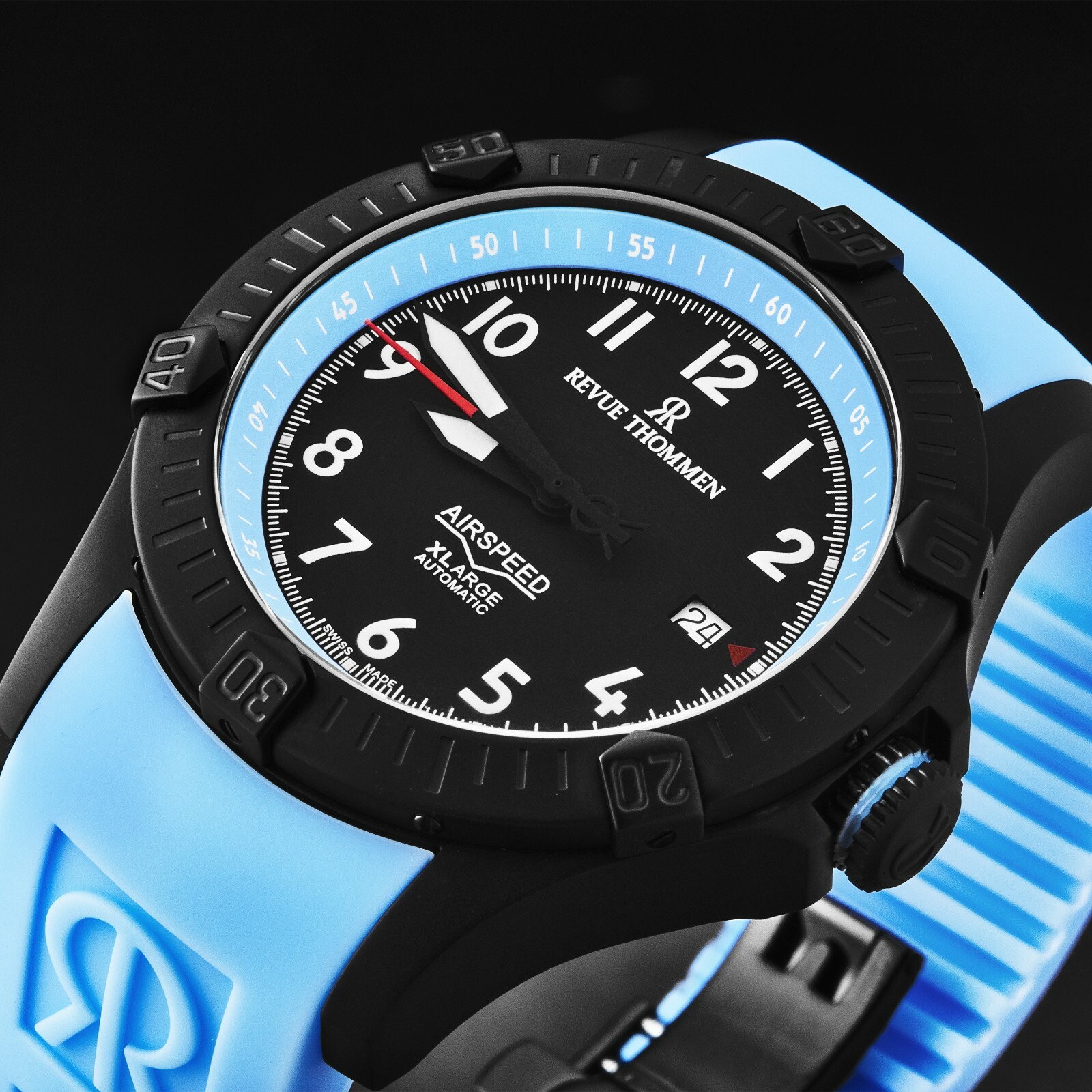 Pre-owned Revue Thommen Mens Air Speed Black Dial Blue Rubber Strap Automatic 16070.4775