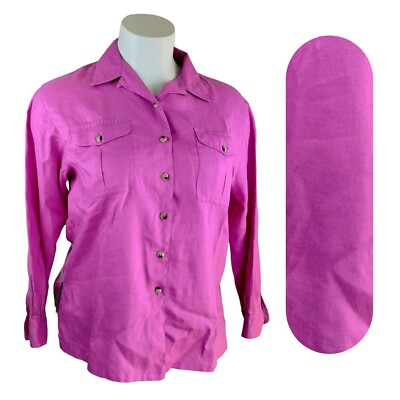 Rafaella Womens L Pink 100% Linen Long Sleeve Pockets Collared Button Down Shirt