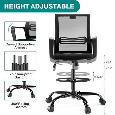 Drafting Chair - Tall Standing Office Desk Chair with Adjustable Foot Ring, C...