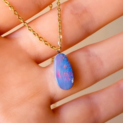 14K Gold Bail Australian Coober Pedy Opal Doublet Pendant, Opal Necklace SUM3