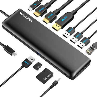 12-in-1 USB C Docking Station Triple Display 100W PD IN for HP Dell Asus Lenovo