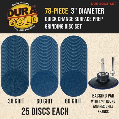 Dura-Gold 3" 78 Pc Quick Change Surface Prep Grinding Disc Set, 36, 60, 80 Grit