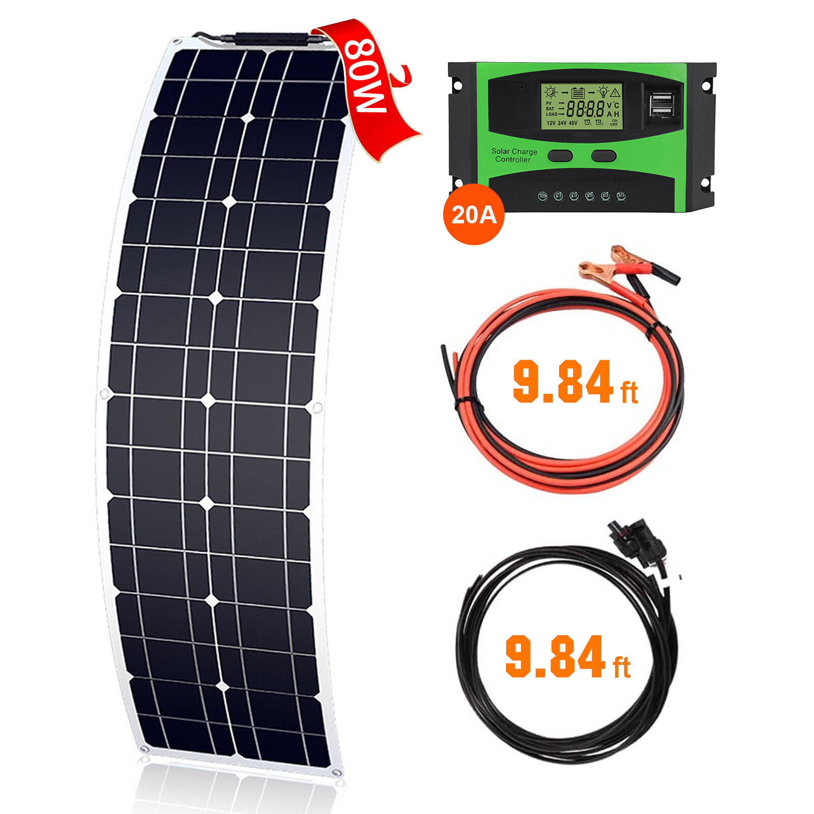 80W Flexible Solar Panel Kit 12V Portable Solar Charger Lightweight RV Tent Roof