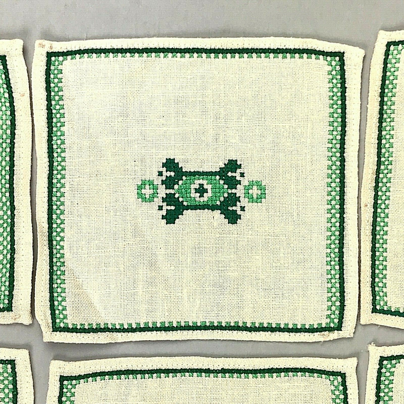 Vintage Linen Coasters Embroidered Cross Stitch Set of 6 Ivory Green