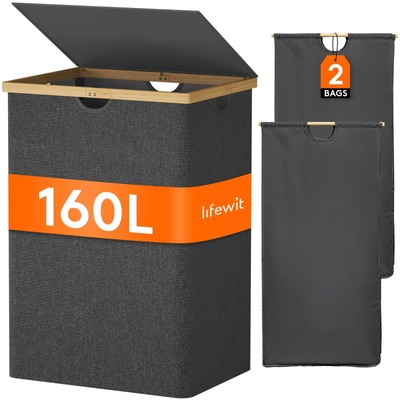160L Double Laundry Hamper w/Lid,Extra Large Bamboo Laundry Basket Dirty Clothes