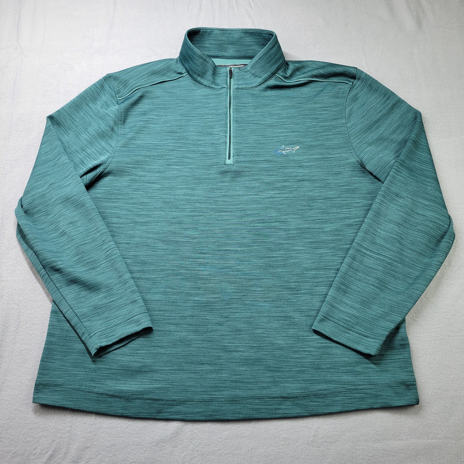Greg Norman 1/4 Zip Pullover Shirt Men Size XL Green Striped Golf Shark Logo