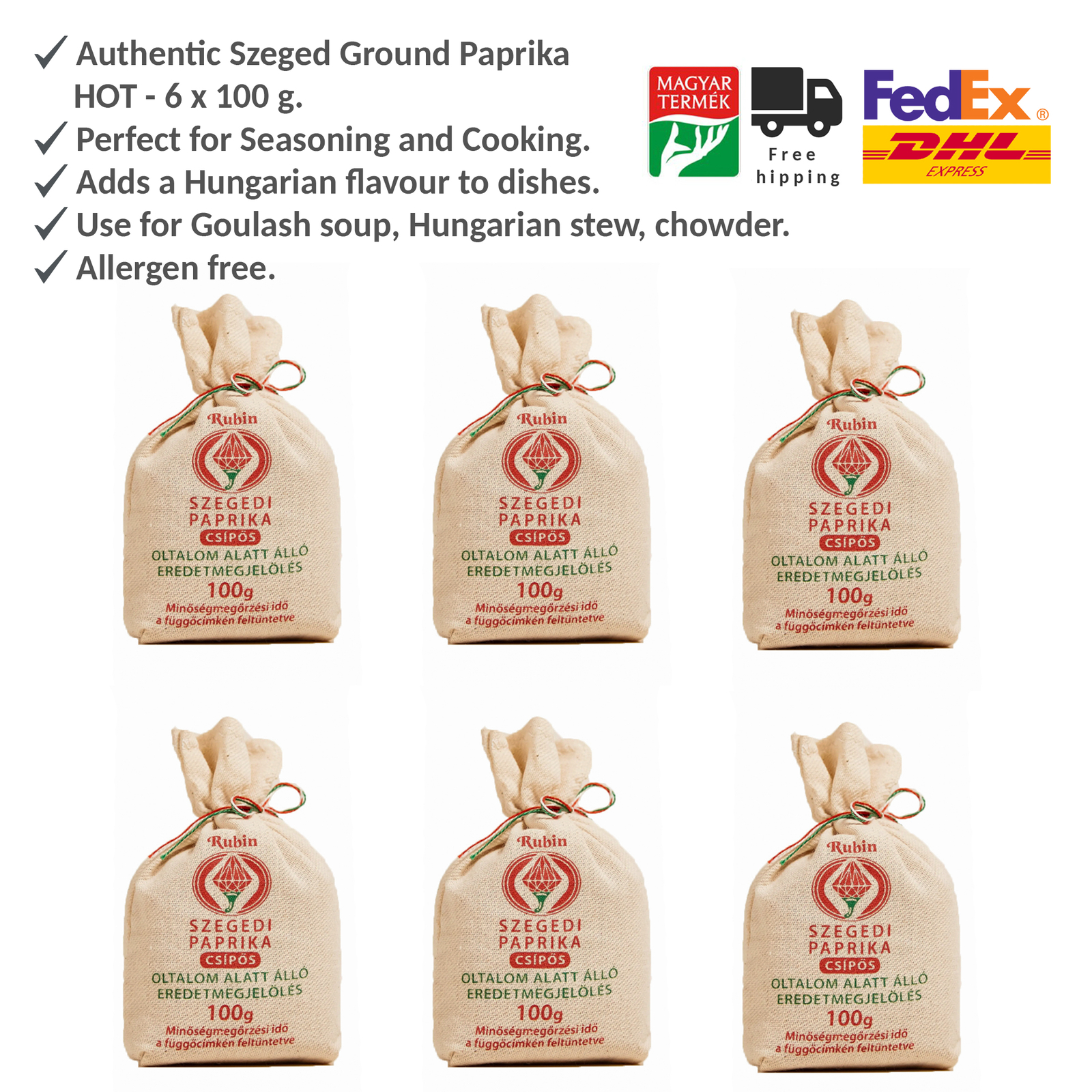 Hungarian Original Ground Hot Paprika Powder, Szeged Region, Rubin 100gx6