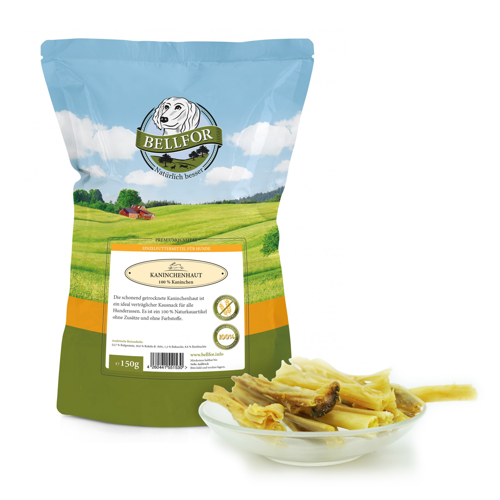 (53,27 EUR/kg) Hondensnack - Konijnenhuid - Kaninchenhaut - 150g
