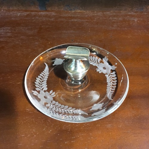Antique Hawkes Sterling Silver & Brilliant Cut Etched Glass Cigar Rest & Ashtray