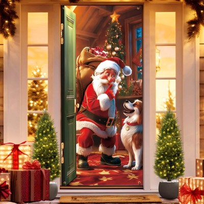 Christmas Door Cover Decorations, 35.4''x78'' Santa Claus and Puppy Design, Ado...