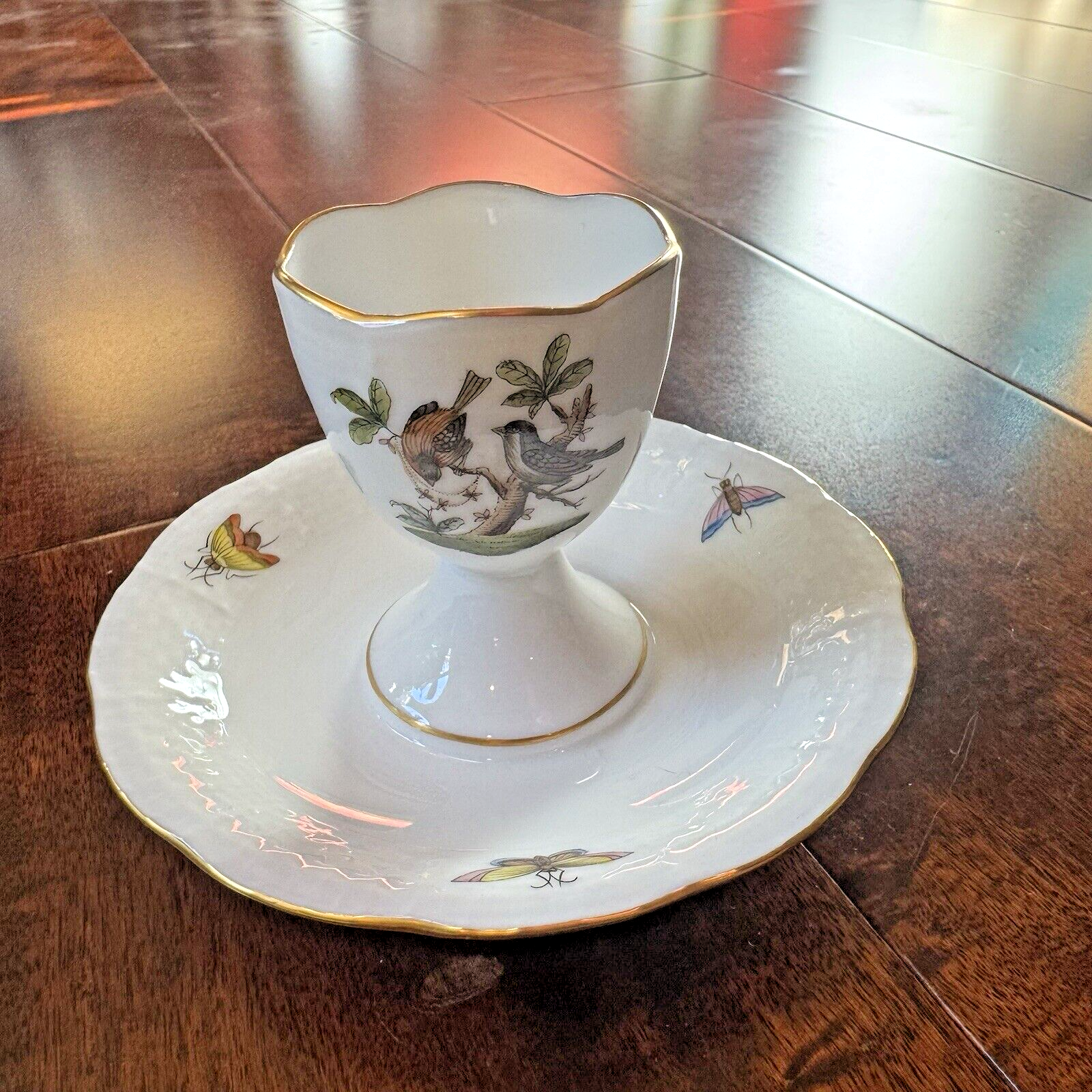 NEW Vintage HEREND Rothschild Bird Egg Cup Attached Underplate - Original Tag