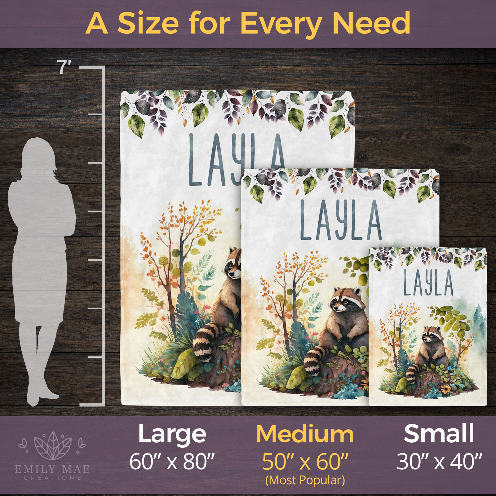 Racoon Blanket - Personalized Woodland Forest Fleece Throw Custom Kids Baby Gift