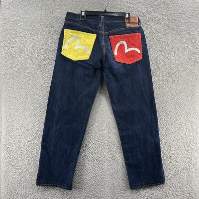 Evisu Jeans Men 36 Blue Selvedge Loose Straight Raw Denim Pants Cotton