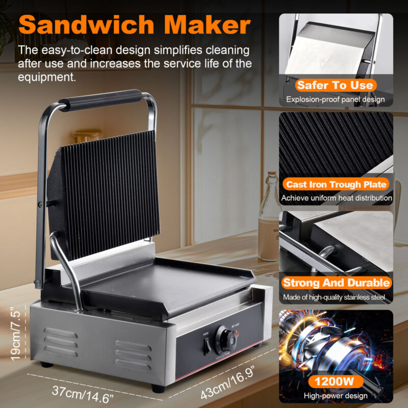1200W 17″ Commercial Panini Press Grill Griddle Sandwich Maker 180°Double Sided