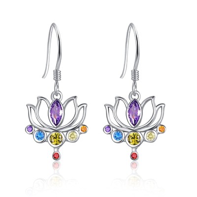 7 Chakra Earrings for Women Girls 925 Sterling Silver Lotus Flower Dangle Drop E