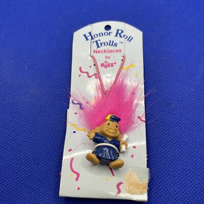 Vtg. Russ TROLL doll pink hair HONOR ROLL Grad Pendant Necklace 1  Original Card
