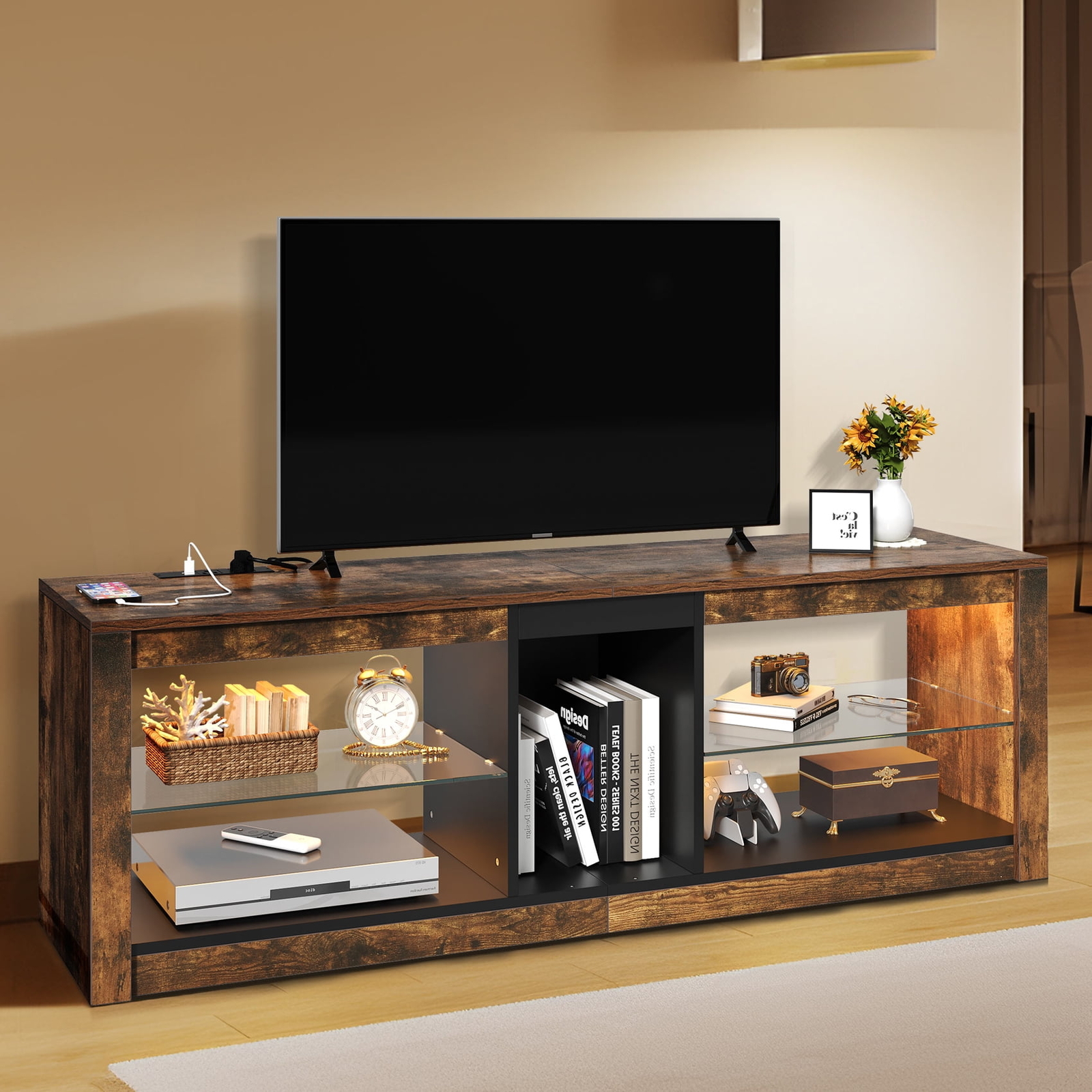 With Led Ambient Lights,  Tv Stand With Open Shelf Storage Cabinet