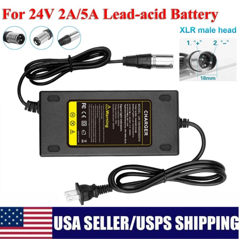 24V 2A/5A XLR Mobility Electric Scooter Wheelchair Gel/Lead Acid Battery Charger