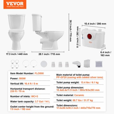 VEVOR Macerating Toilet System with 500W Pump Upflush Toilet For Basement