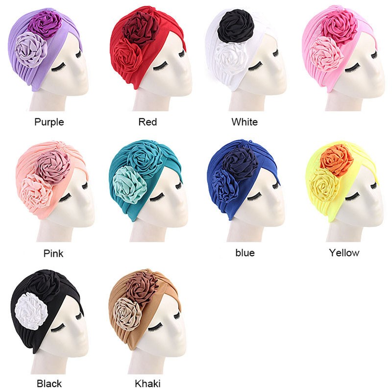 Women Turban Flower Caps Vintage Beanie Headscarf Elastic He