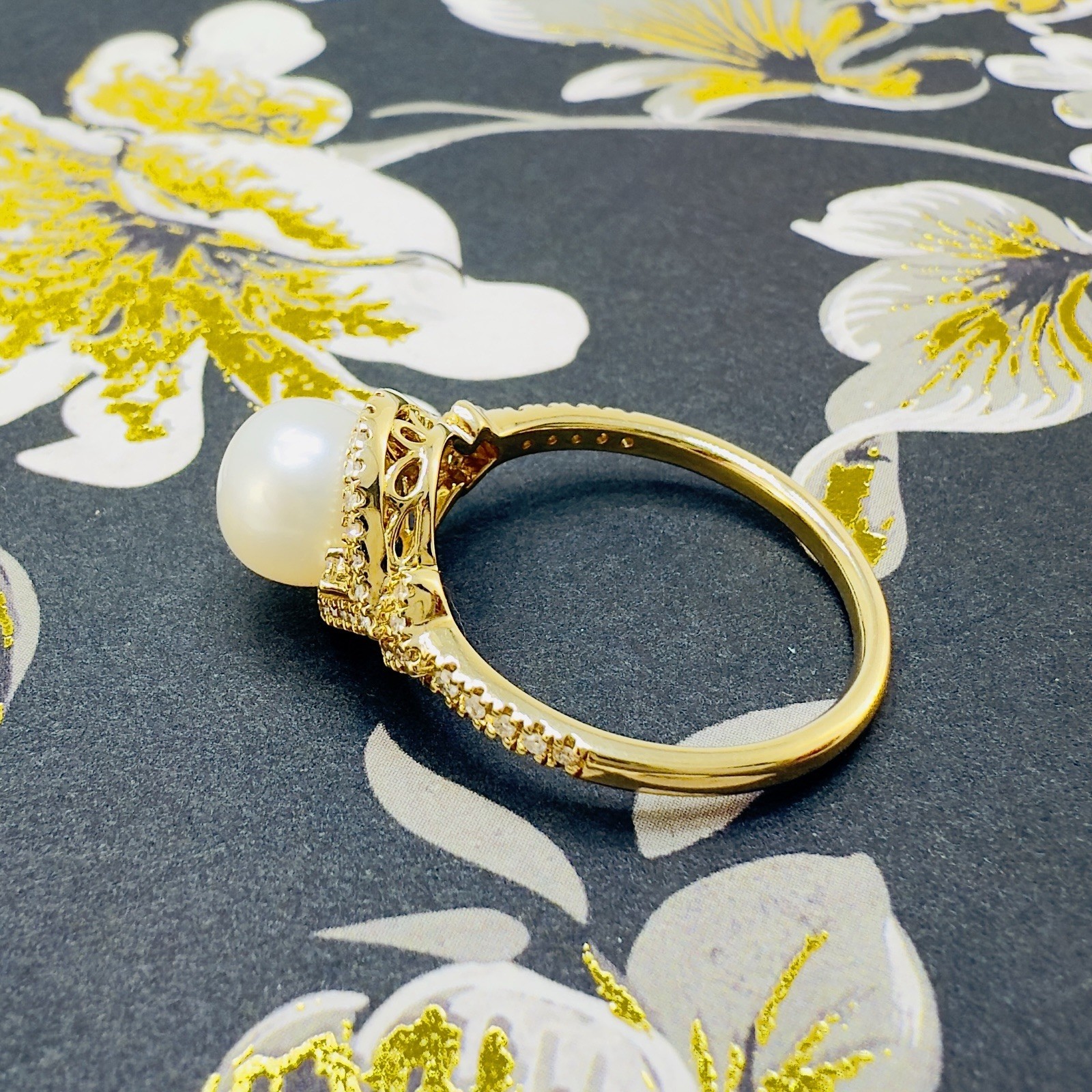 14k Yellow Gold Genuine Cultured Pearl & Diamond Halo Ring, Sz 7, New - Picture 8 of 10