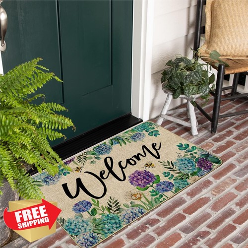 Purple Blue Hydrangea Doormat 17x29 Inch Outdoor Welcome Rug Floral
