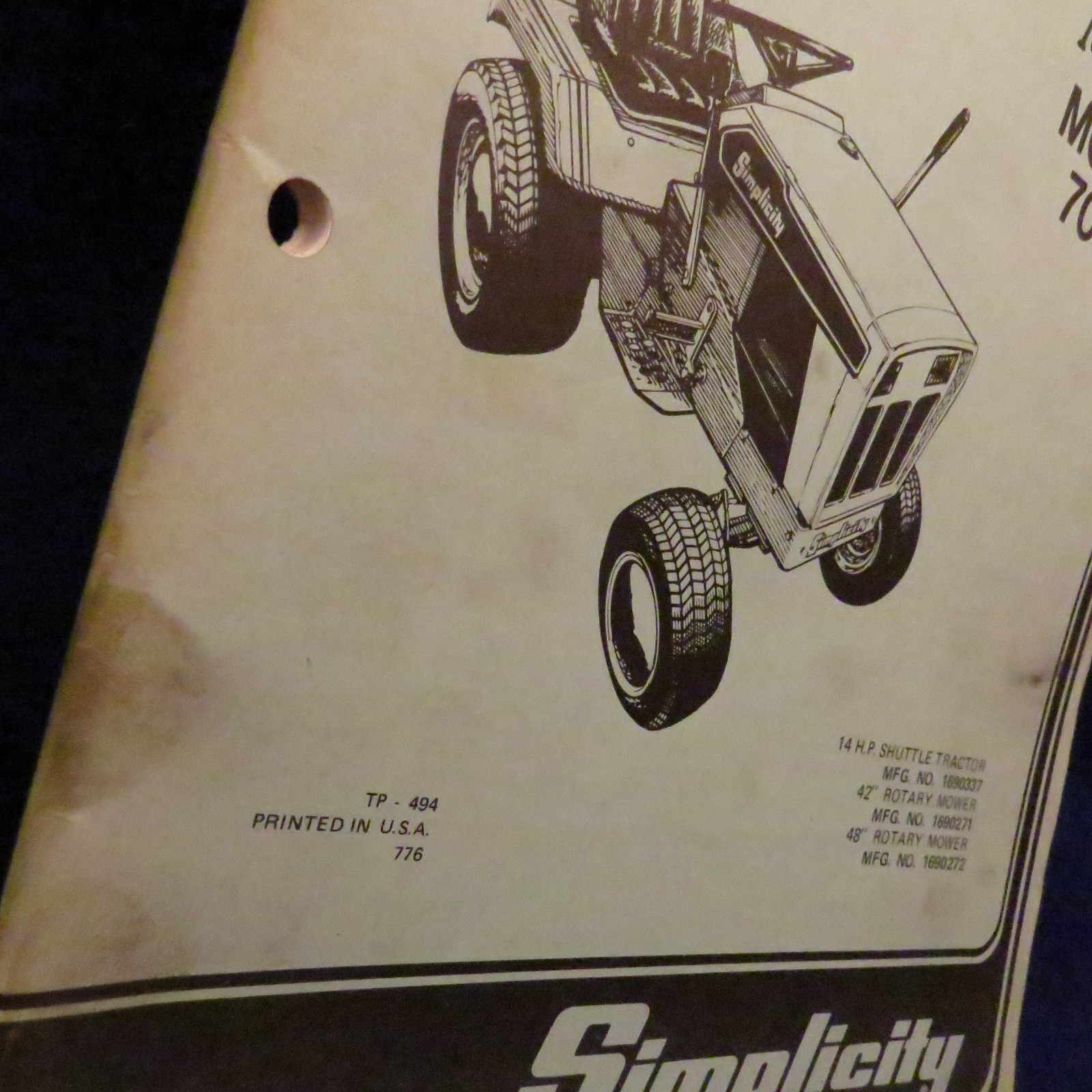 ORIGINAL SIMPLICITY MODEL 7014S RIDING LAWN TRACTOR PARTS MANUAL