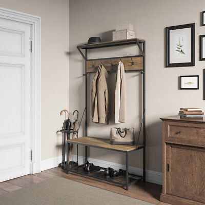 70'' Industrial Bench Hall Tree Entryway Storage Shelf Coat Rack, Rustic Oak