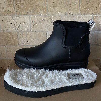 UGG DROPLET BLACK WATERPROOF RUBBER WOOL INSOLE RAIN BOOTS SIZE 8 WOMEN