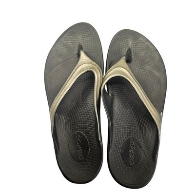 OOFOS Oolala Women's Sz 10 Luxe Black Gold Recovery Thong Sandal #346