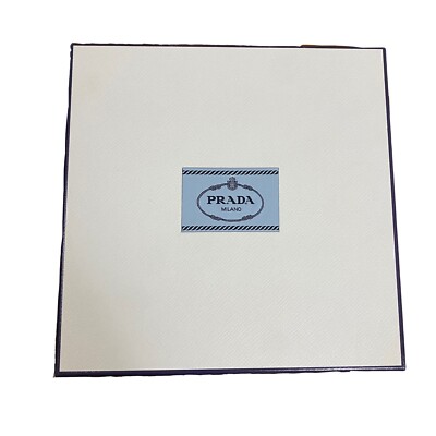 Authentic Prada white & navy square box w/ branded tissue & elastic 10x10x1.5''
