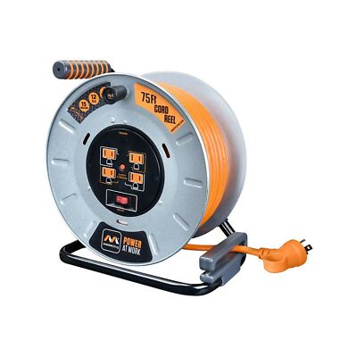 Masterplug Heavy Duty Metal Cord Reel with 4-120V 15amp Integrated Outlets an...
