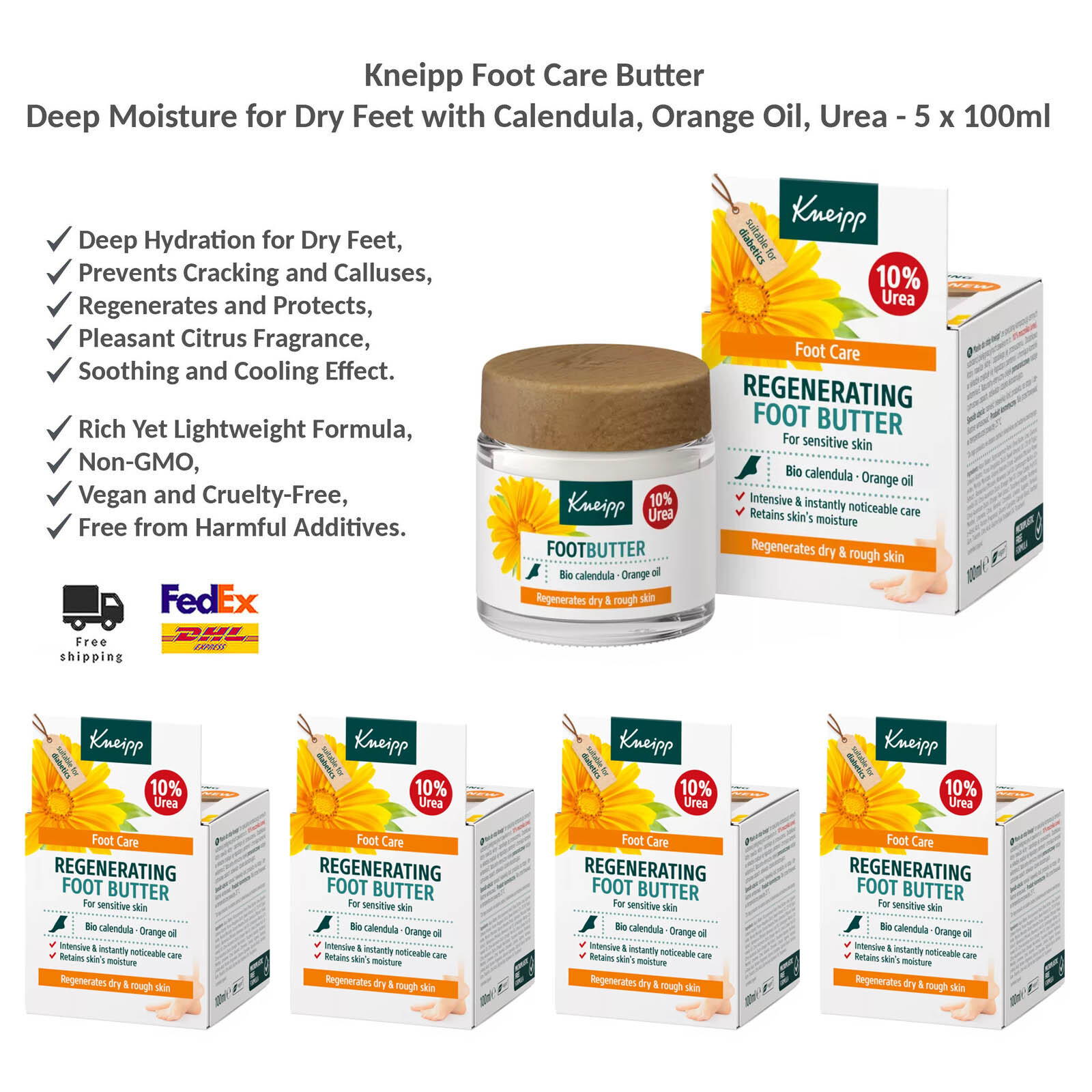 Kneipp Foot Care Butter Deep Moisture for Dry Feet Calendula, Orange Oil 5x100ml