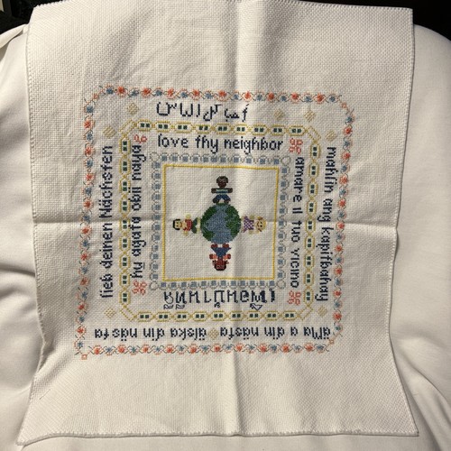 Completed Counted Cross Stitch Sampler Love Thy Neighbor World Multi Languages