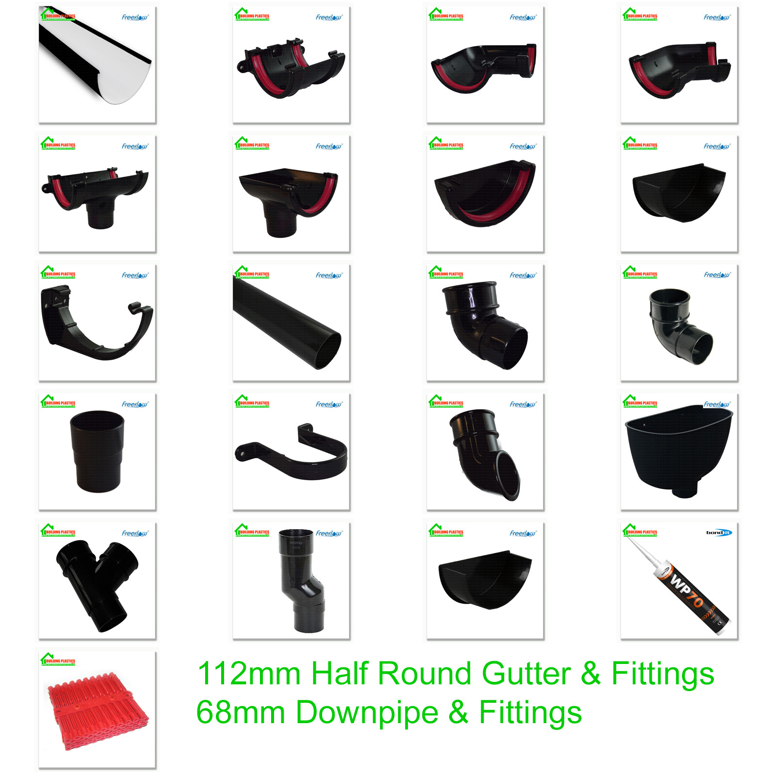 Half Round Guttering Downpipes Fittings. Freeflow 112mm Black