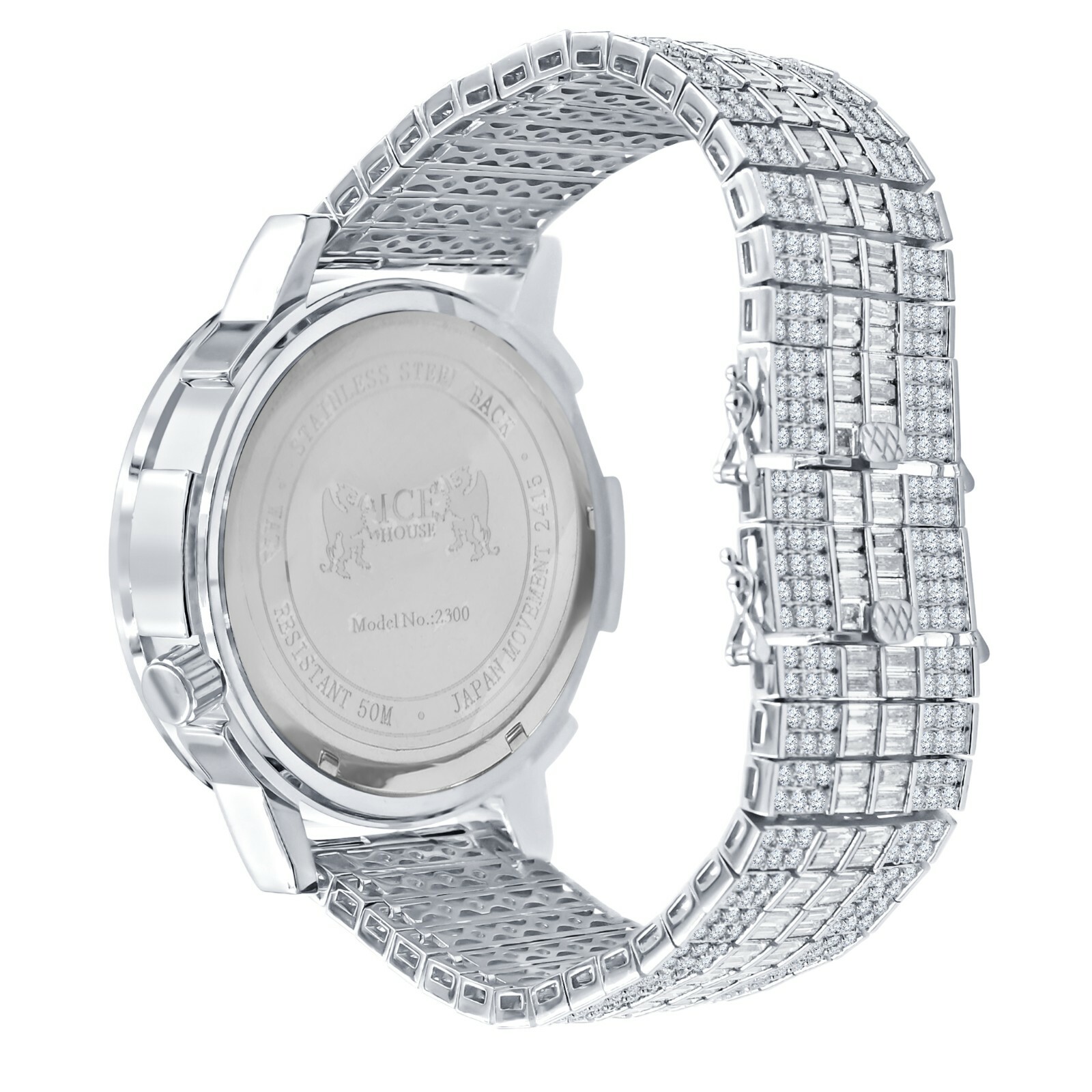 Pre-owned Ice Master Genuine Diamond White Gold Tone 2 Time Zone Chronograph Baguette Dial Band Watch