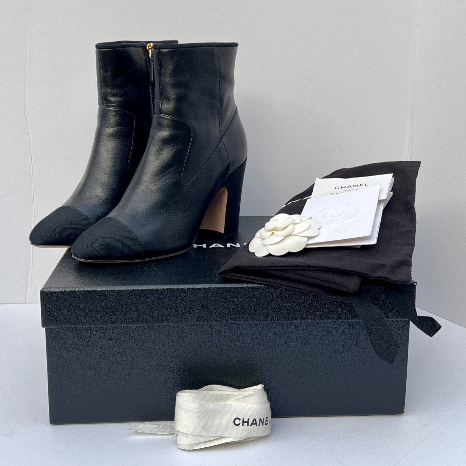 Chanel Lambskin & Grosgrain Ankle Boot Cap Toe Interlocking Chanel Lambskin & Grosgrain Ankle Boot Cap Toe Interlocking