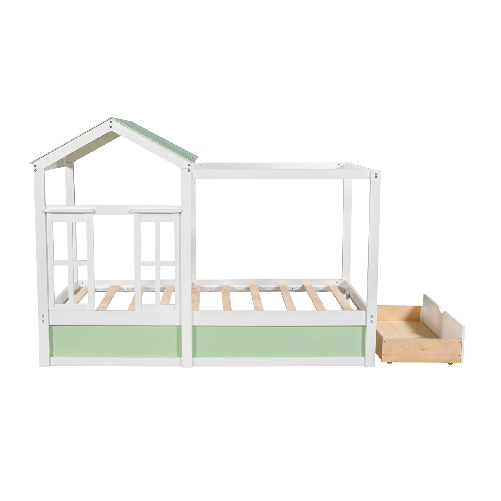 Twin/Full Size Bunk Bed with Windows Roof Wood Frame House Bed For Kids' Bedroom