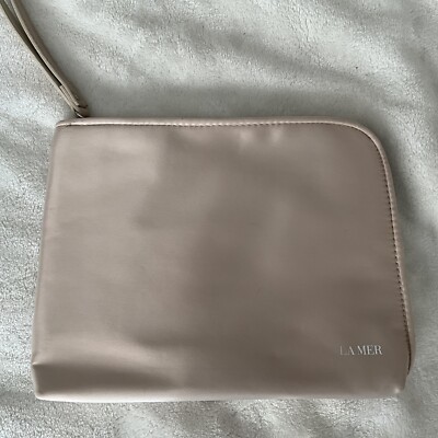 La Mer Tan Makeup Bag Satin Faux Leather Wristlet Case Clutch 9  X 7  Zip Around