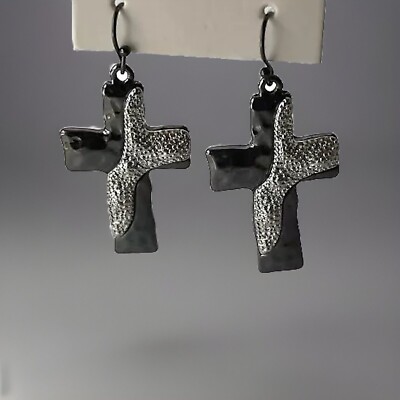 DaVinci Cross Earrings Bronze Silvertone Dangle Hooks Pierced Christian NEW