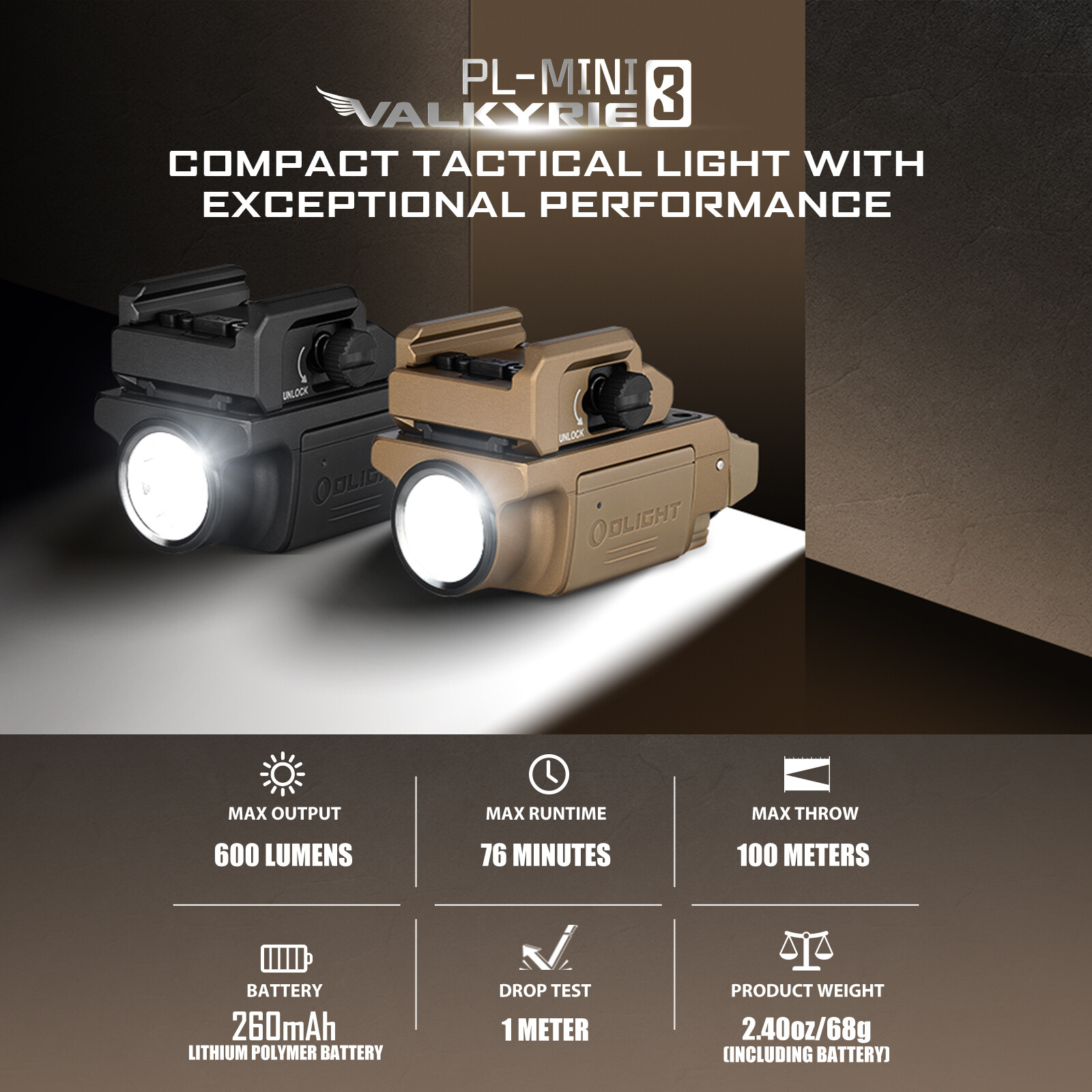 Olight PL-MINI 3 Valkyrie 600 Lumens Compact Tactical Rail-Mounted Weaponlight