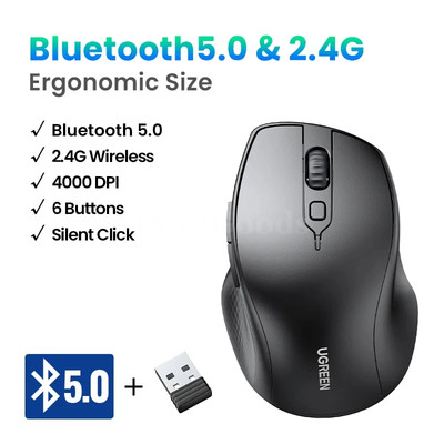 Ugreen Wireless Mouse Bluetooth 5.0 Ergonomic 4000 DPI 6 Buttons for Laptop PC
