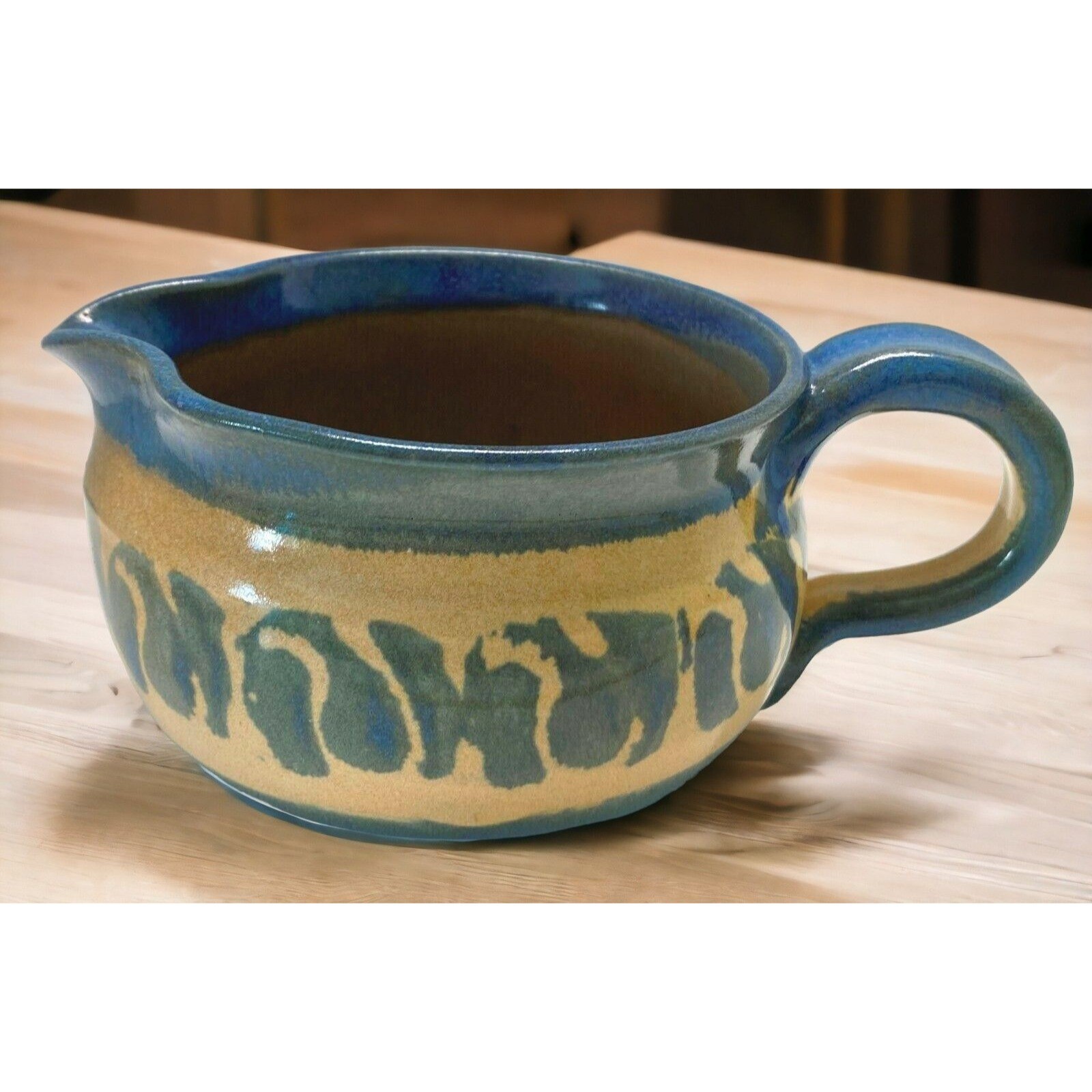 Vintage Art Pottery Creamer Glazed Blue Brown Earthenware 4.25...