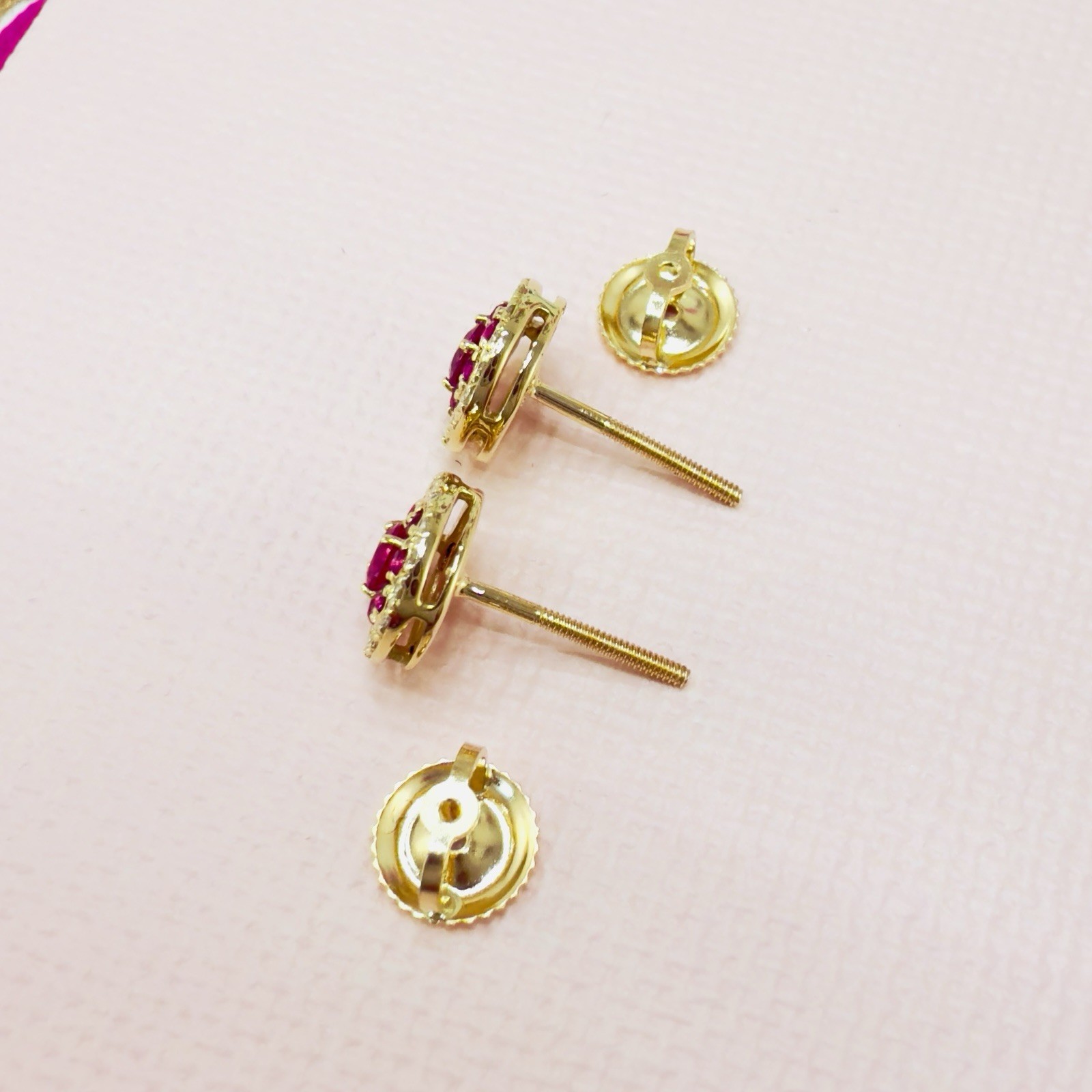 14k Yellow Gold Genuine Ruby & Diamond Halo Stud Screw-Back Earrings, New - Picture 4 of 10