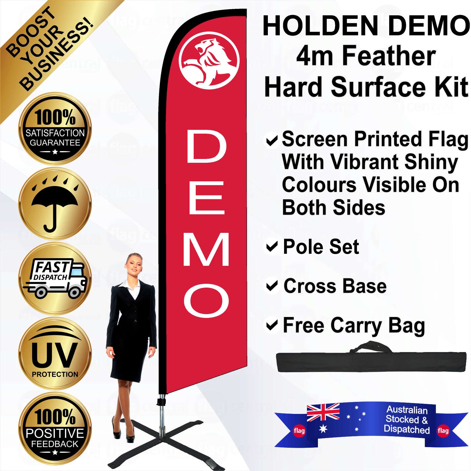 HOLDEN DEMO Red 4m Feather Flag / Banner Kit with Pole Set, Steel Outdoor Cross Base and a Free Carry Bag